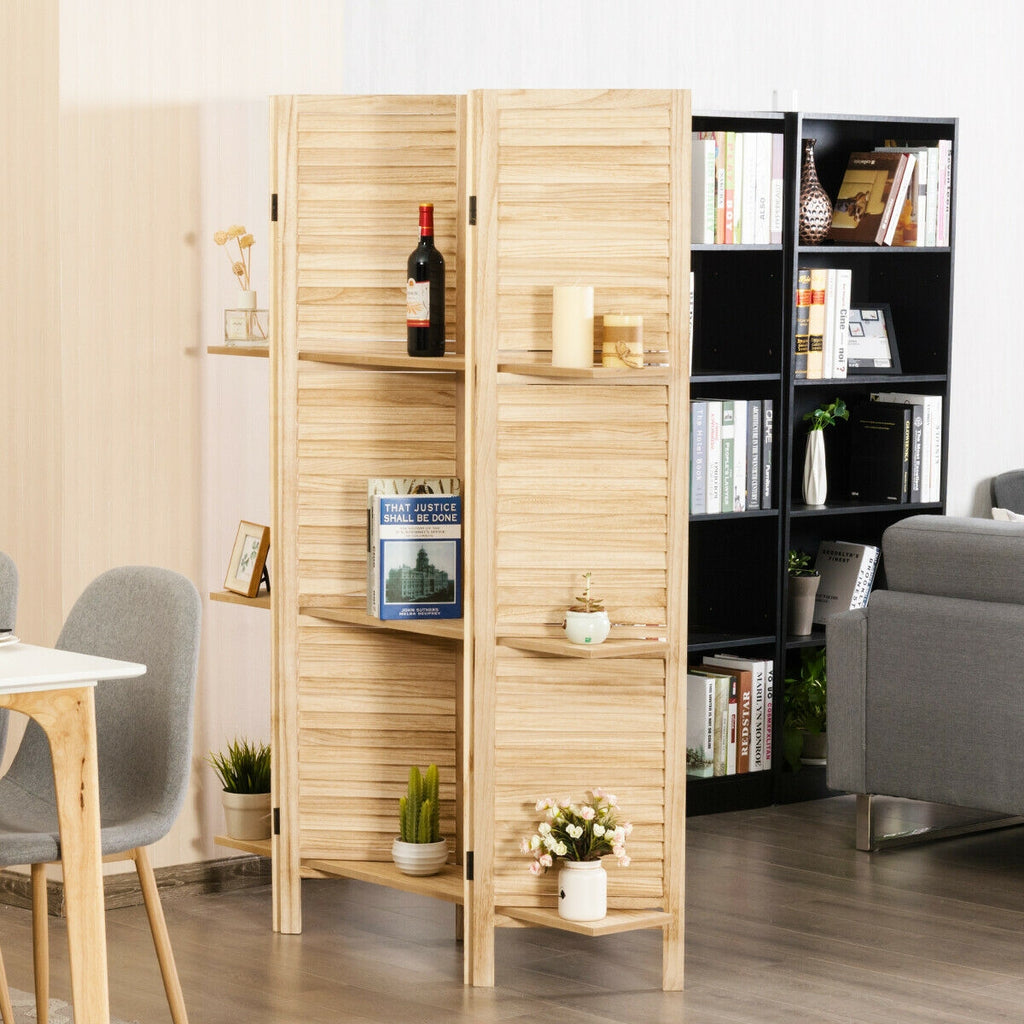 Brown 4 Panel Freestanding Room Divider with Shelves - Folding Privacy Screen