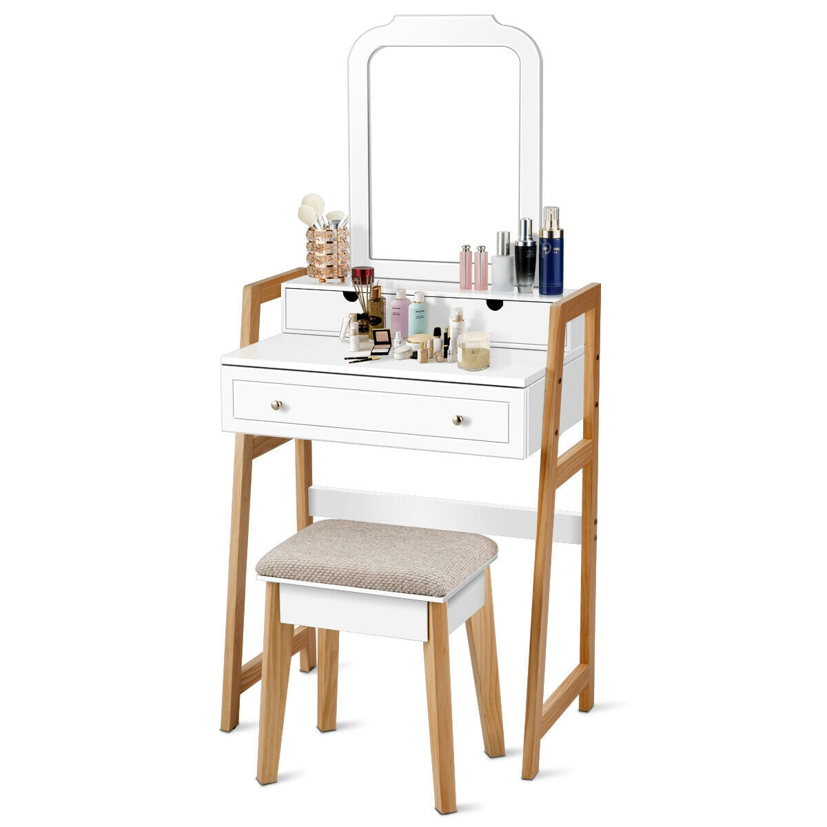 Vanity Dressing Table with Stool & Large Mirror
