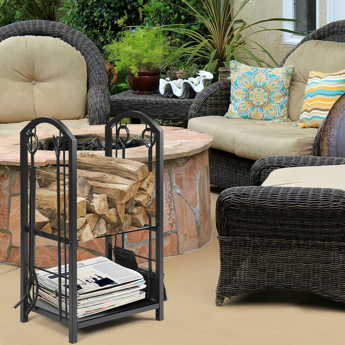 Fireplace Log Rack with 4 Tools and 2 Shelves - Black