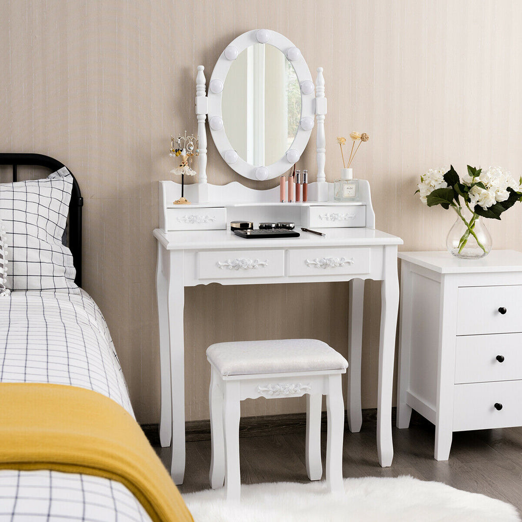 Makeup Dressing Table with Lighted Mirror & Stool - White