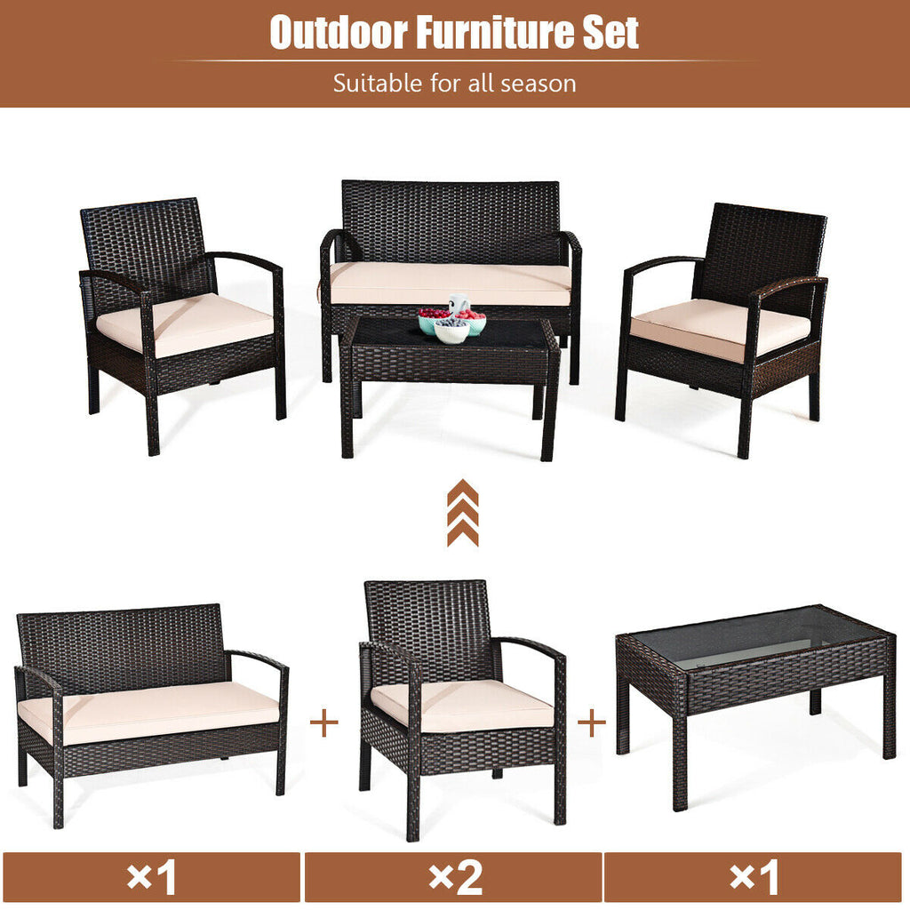 4-Piece Patio Rattan Conversation Set with Loveseat & Coffee Table