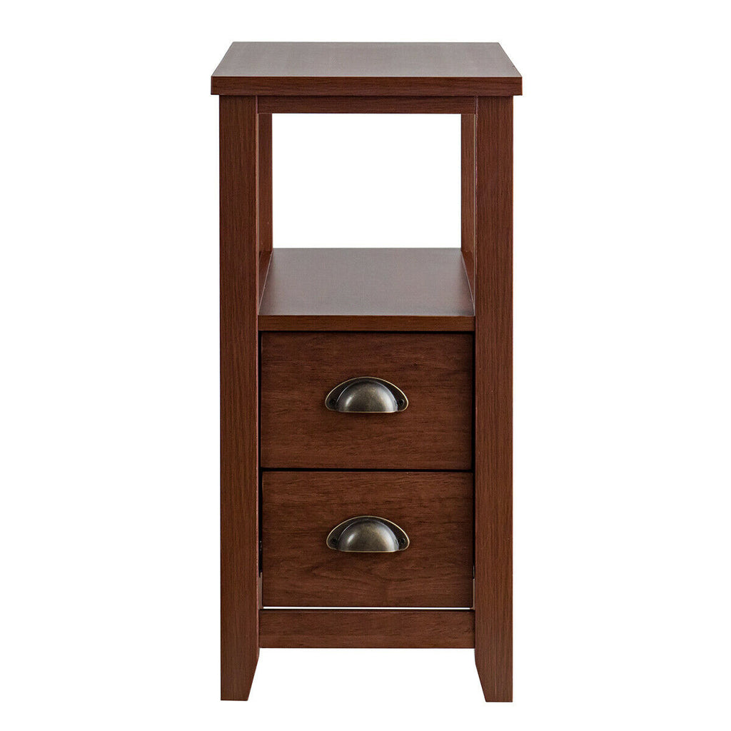 Rectangular Nightstand with 2 Drawers & Shelf, Brown