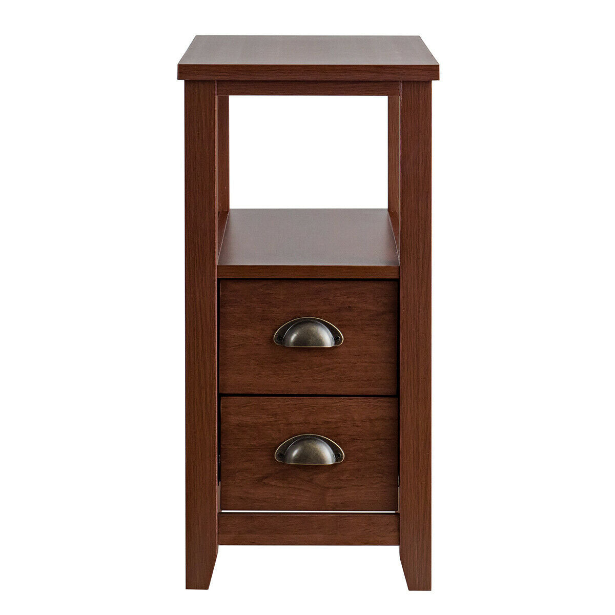 Rectangular Nightstand with 2 Drawers & Shelf, Brown