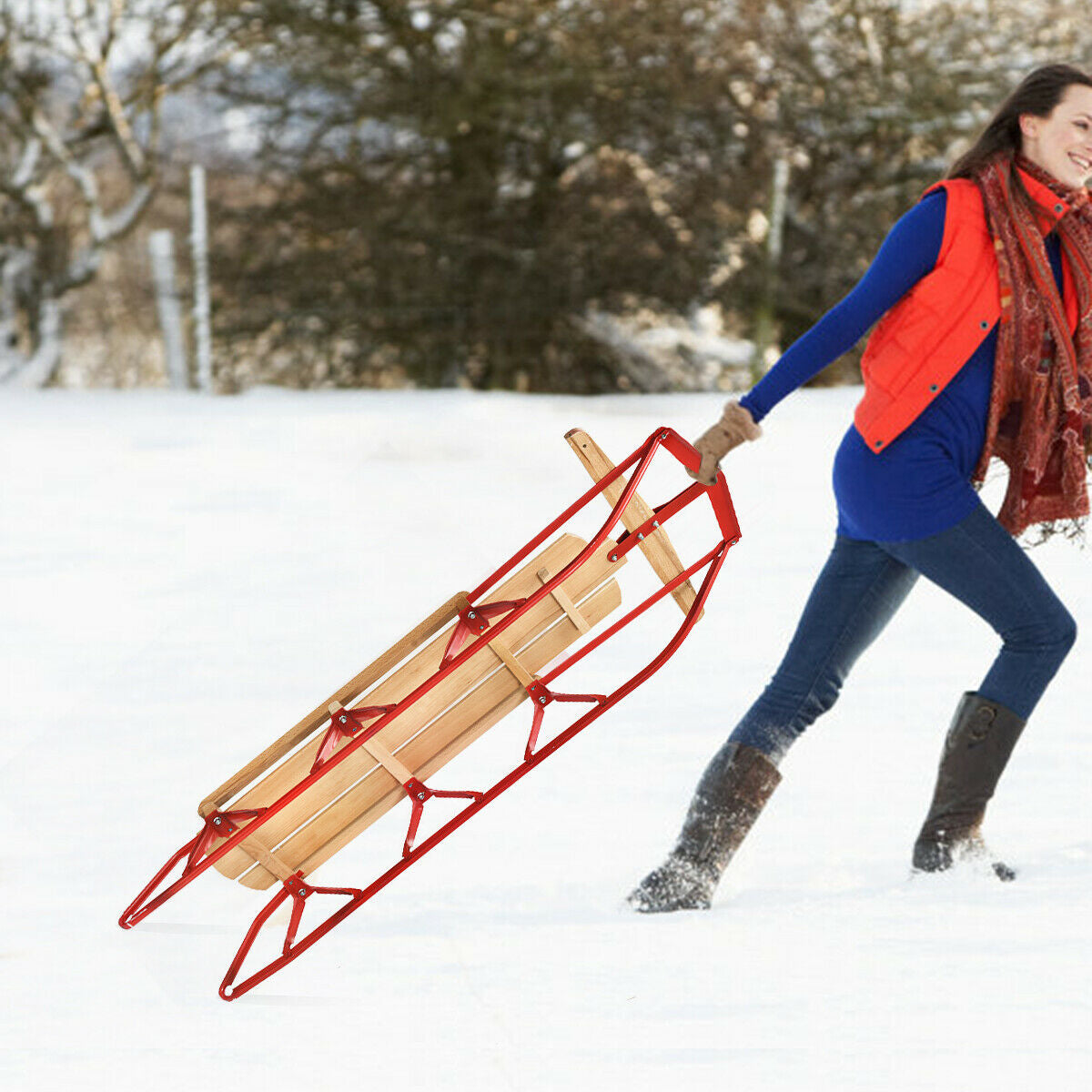 Red 54 Inch Wooden Snow Sled with Metal Runners & Steering Bar - Kids & Adults