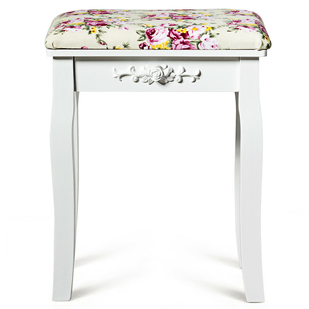 Vanity Wood Dressing Stool with Rose Cushion - White