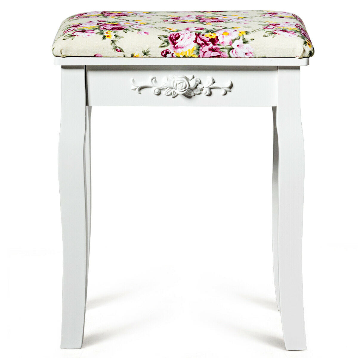 Vanity Wood Dressing Stool with Rose Cushion - White