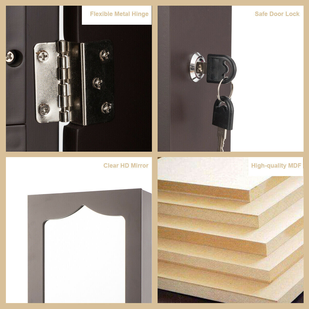 Door Hanging Jewelry Armoire with Mirror & LED Lights - Brown