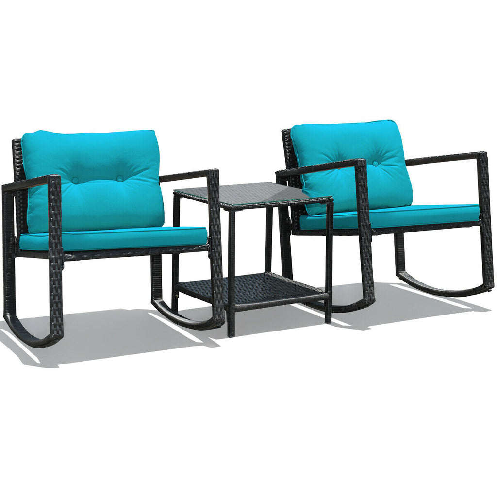 3 Pieces Cushioned Patio Rattan Set with Rocking Chair and Table