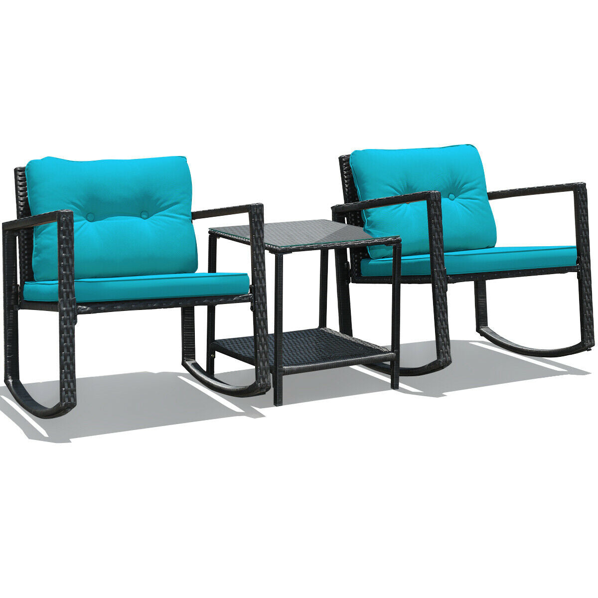 3 Pieces Cushioned Patio Rattan Set with Rocking Chair and Table