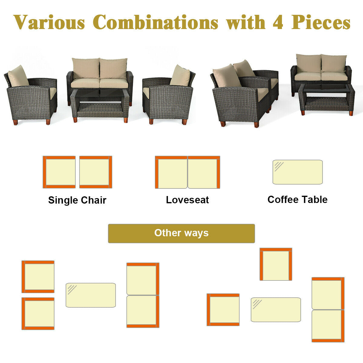 4-Piece Patio Rattan Furniture Set with Cushions