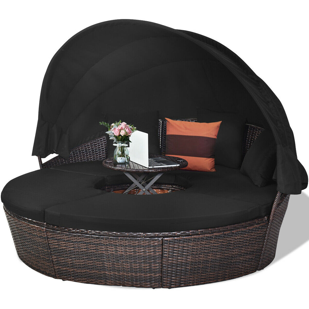 Patio Round Rattan Daybed with Retractable Canopy and Height