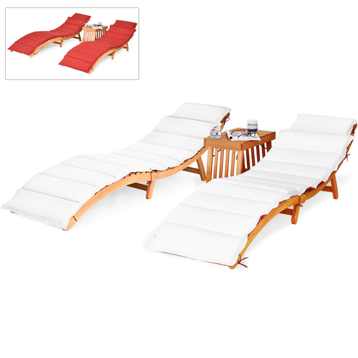 3 Pieces Folding Patio Eucalyptus Wood Lounge Chair Set with Foldable