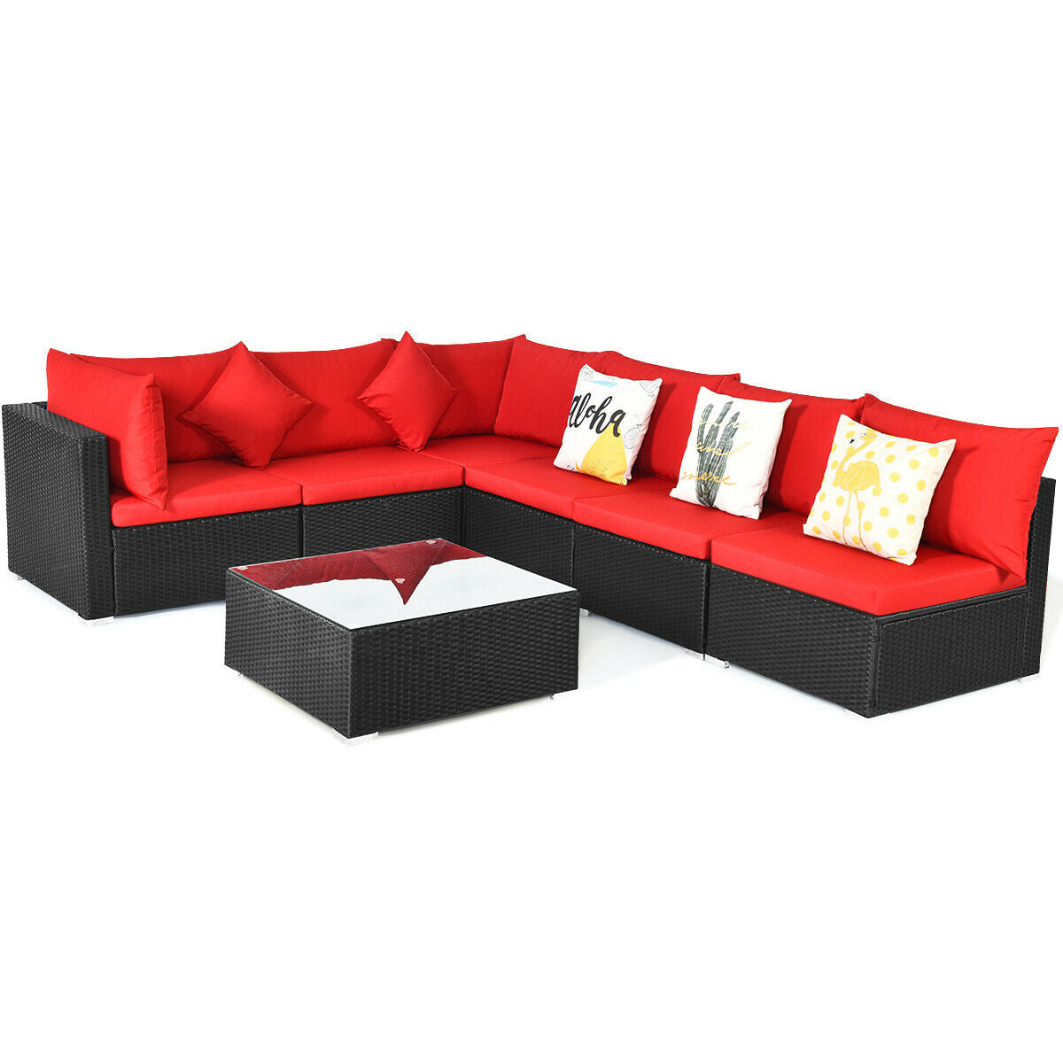 7-Piece Sectional Wicker Sofa Set with Coffee Table - Black Rattan, Red