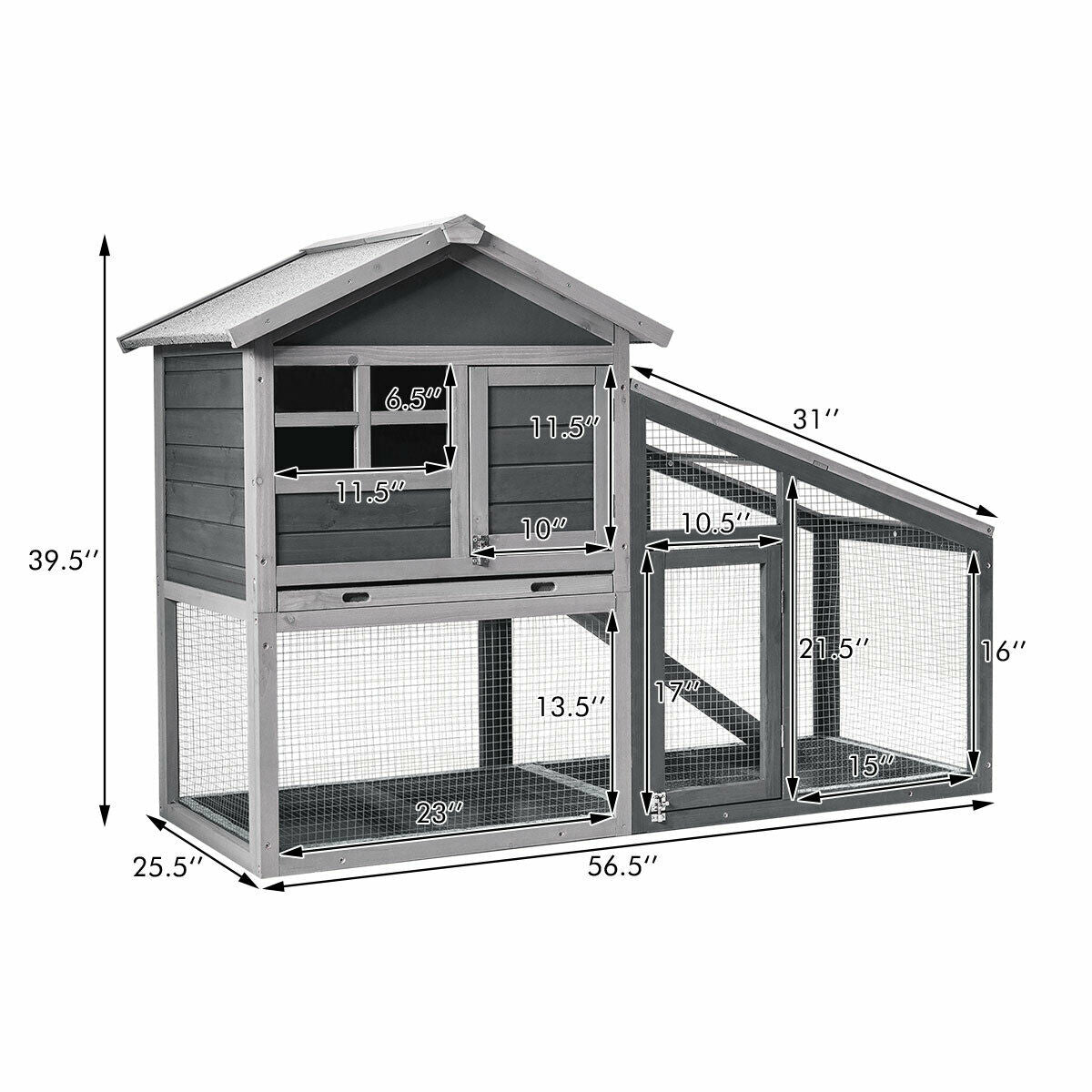 Wooden Rabbit Hutch with Pull-Out Tray and Ramp - 56.5 Inch Long Animal Cage