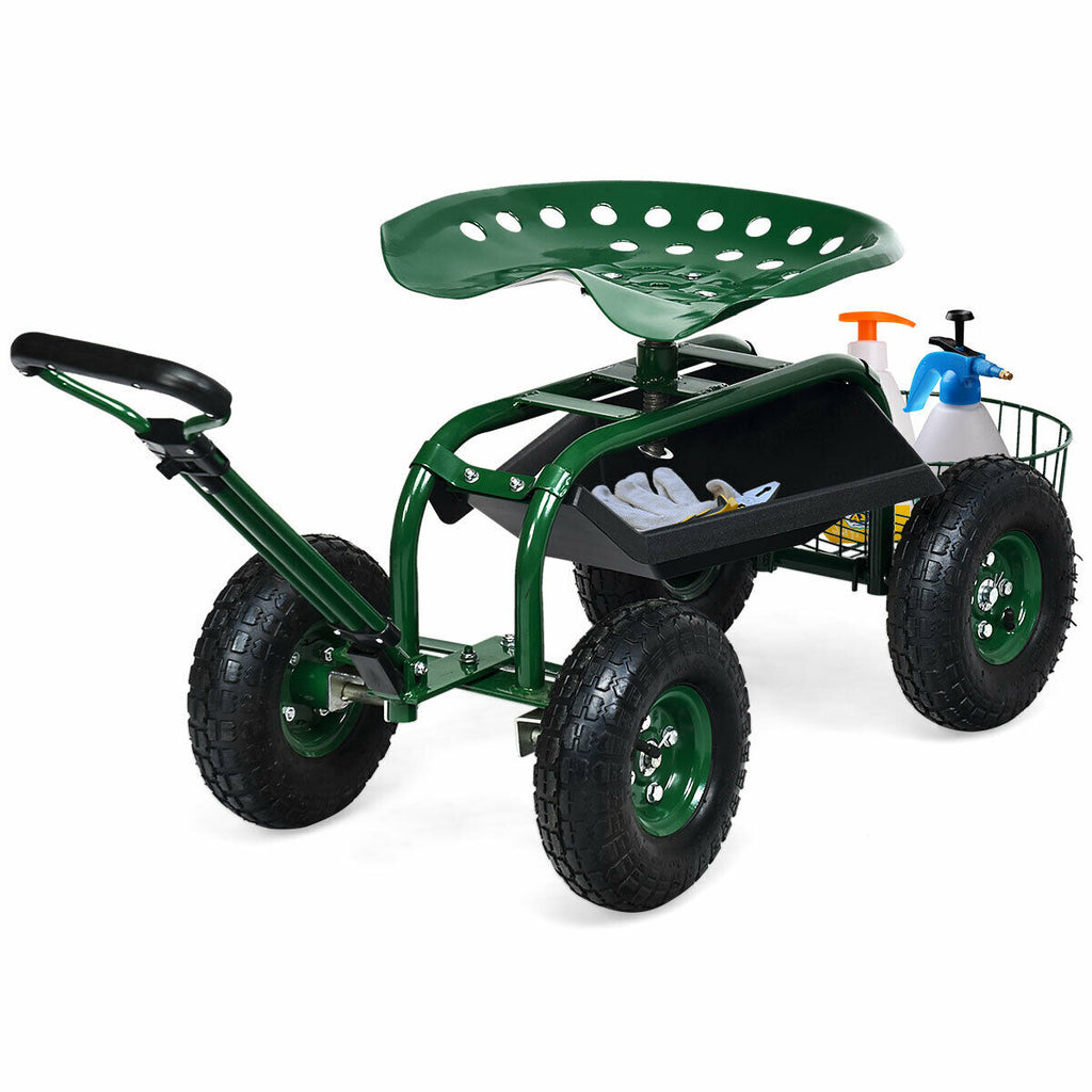 Garden Cart with 360 Swivel Seat & Tool Tray – Green