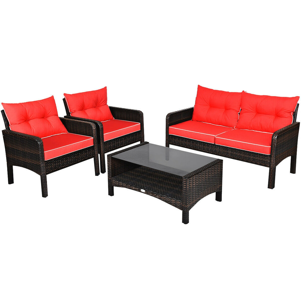 4-Piece Patio Rattan Sofa Set with Coffee Table - Red