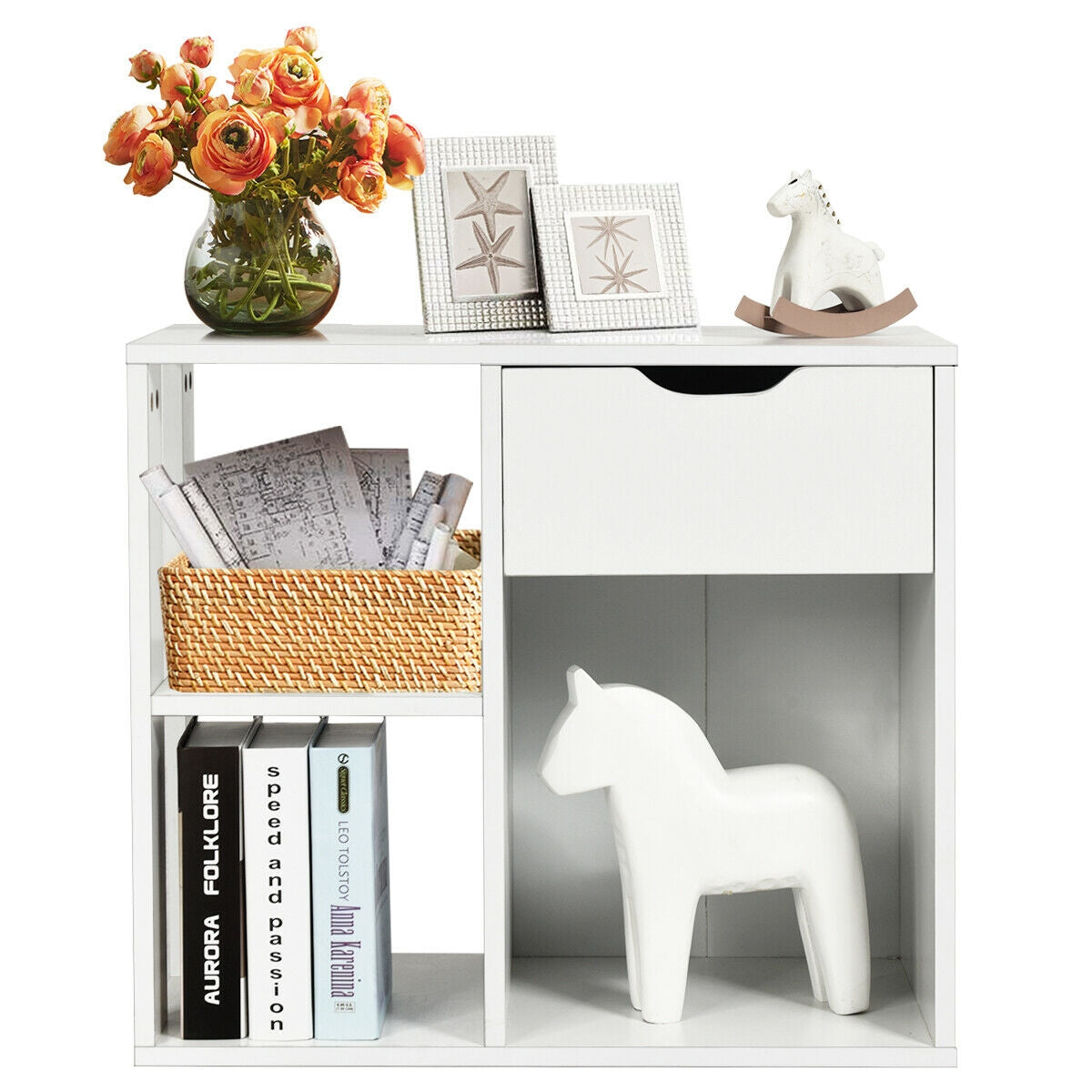 3-Cube Bookcase with Drawer & Shelves - White