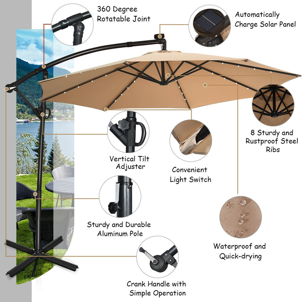 10 Feet 360° Rotation Solar Powered LED Patio Offset Umbrella without