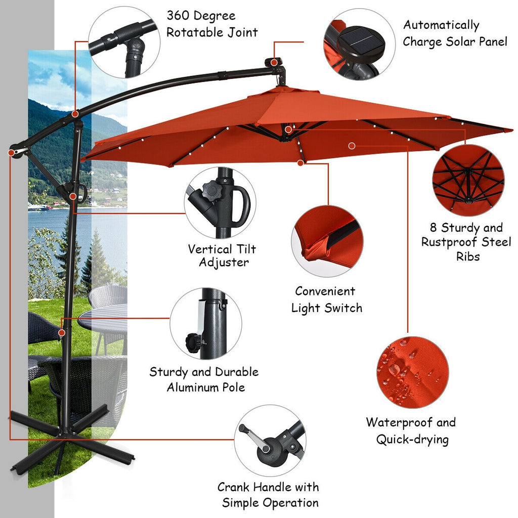 10 Feet 360° Rotation Solar Powered LED Patio Offset Umbrella without