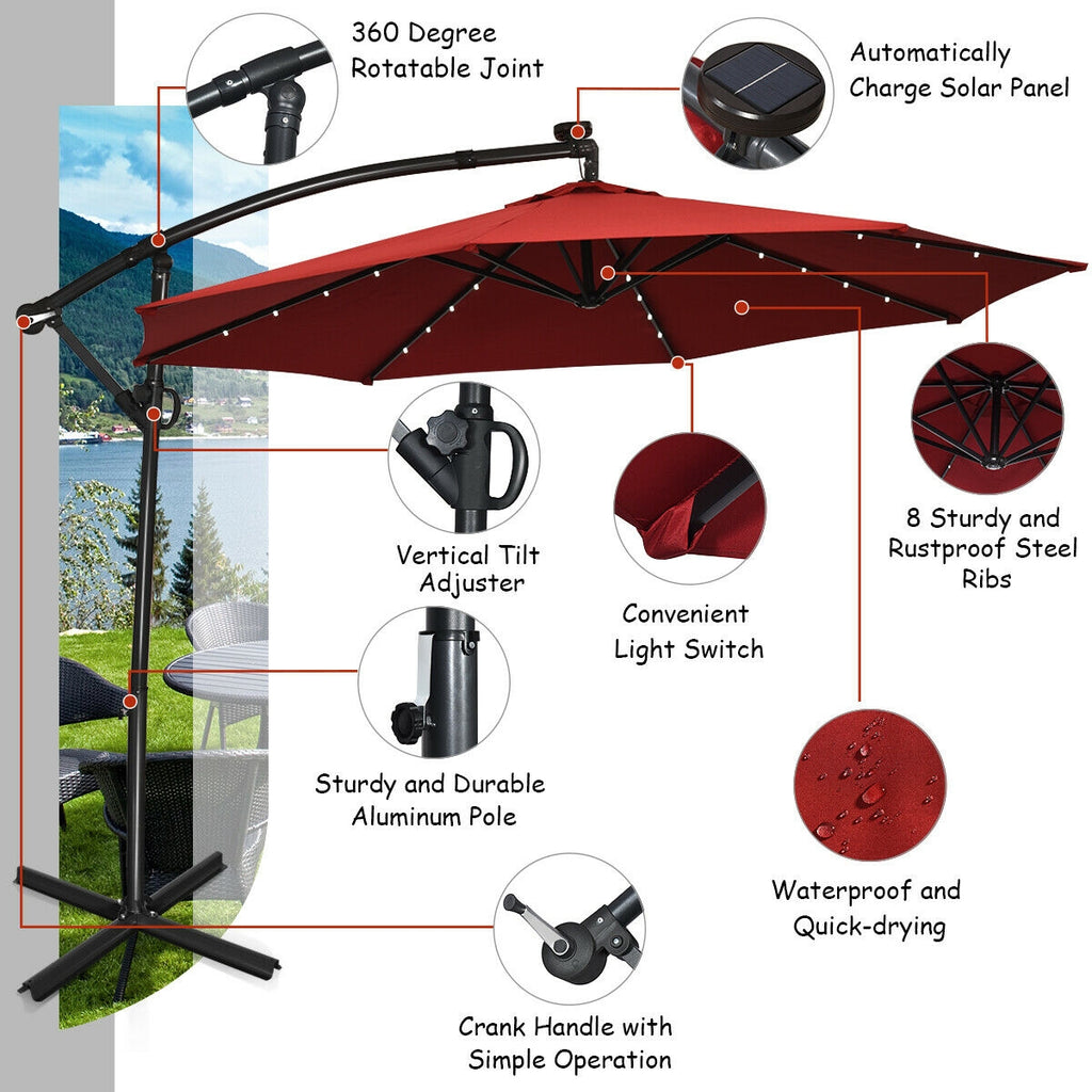 10 x 8 Feet Solar LED Patio Umbrella 360° Rotation, Dark Red