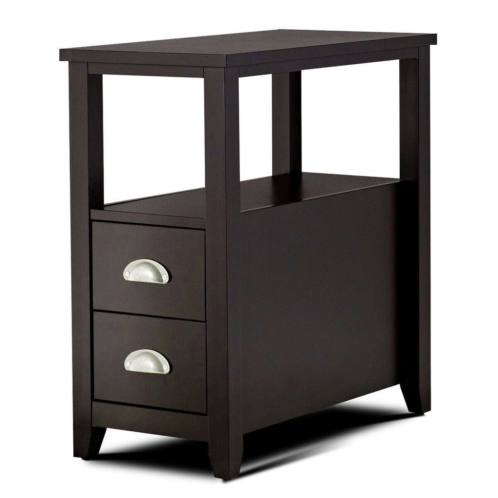 Rectangular Wooden Nightstand with 2 Drawers & Shelf, Dark Brown
