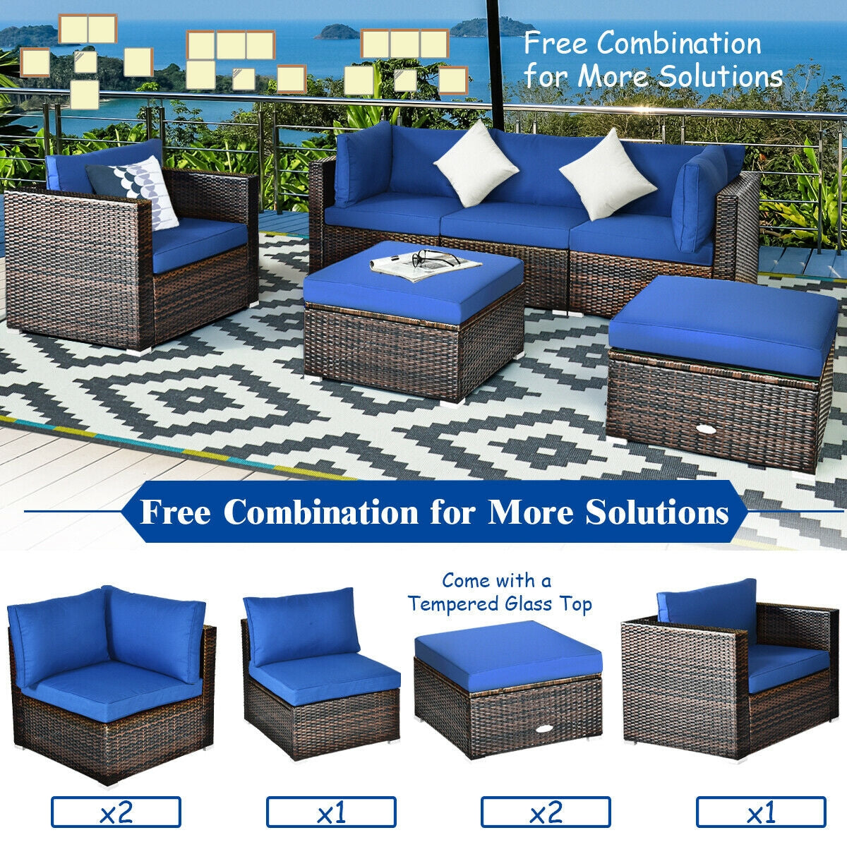 6-Piece Patio Rattan Sectional Set with Cushions - Blue