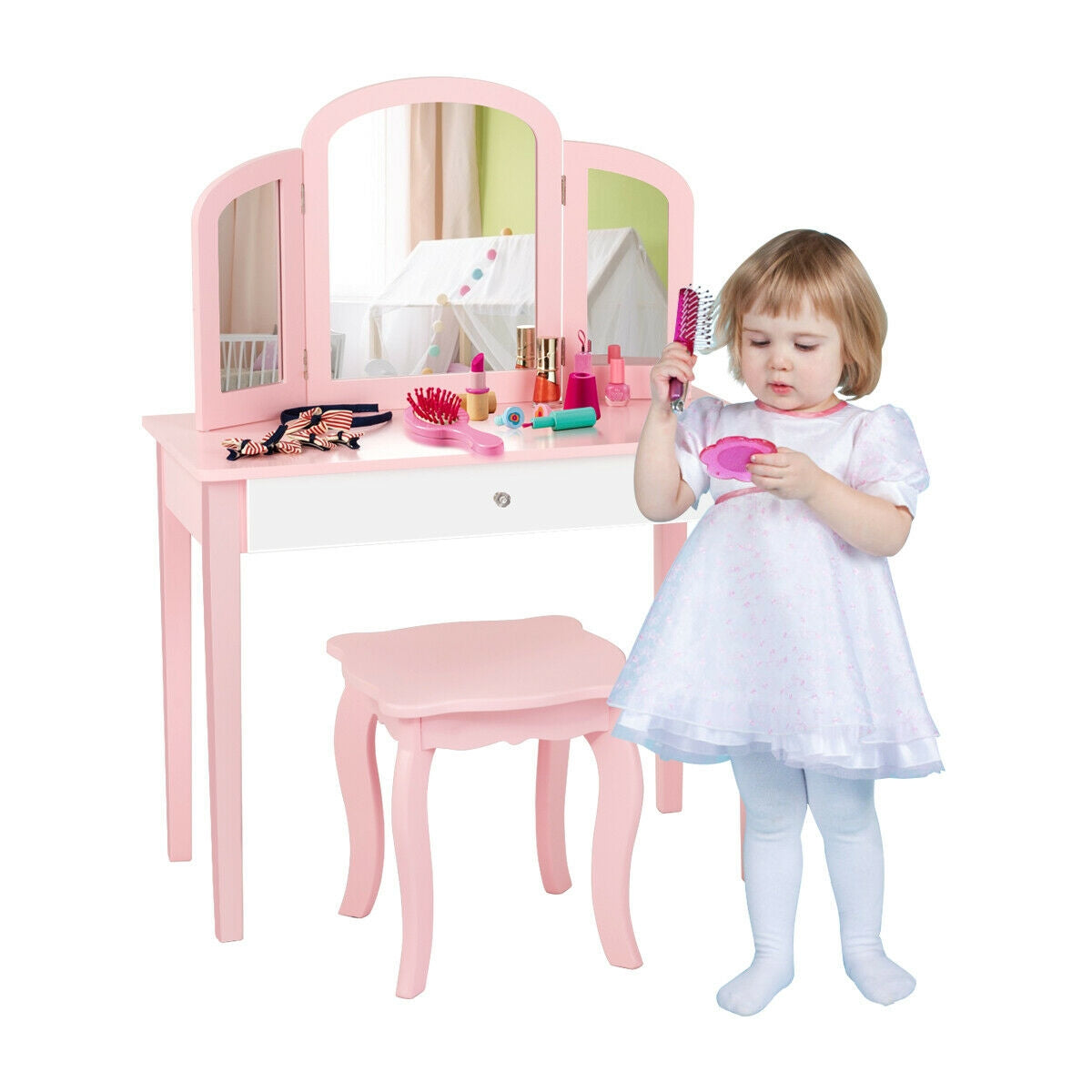 Kids Vanity Dressing Table with Tri-Fold Mirror and Chair - Pink, No Lights & Mirror