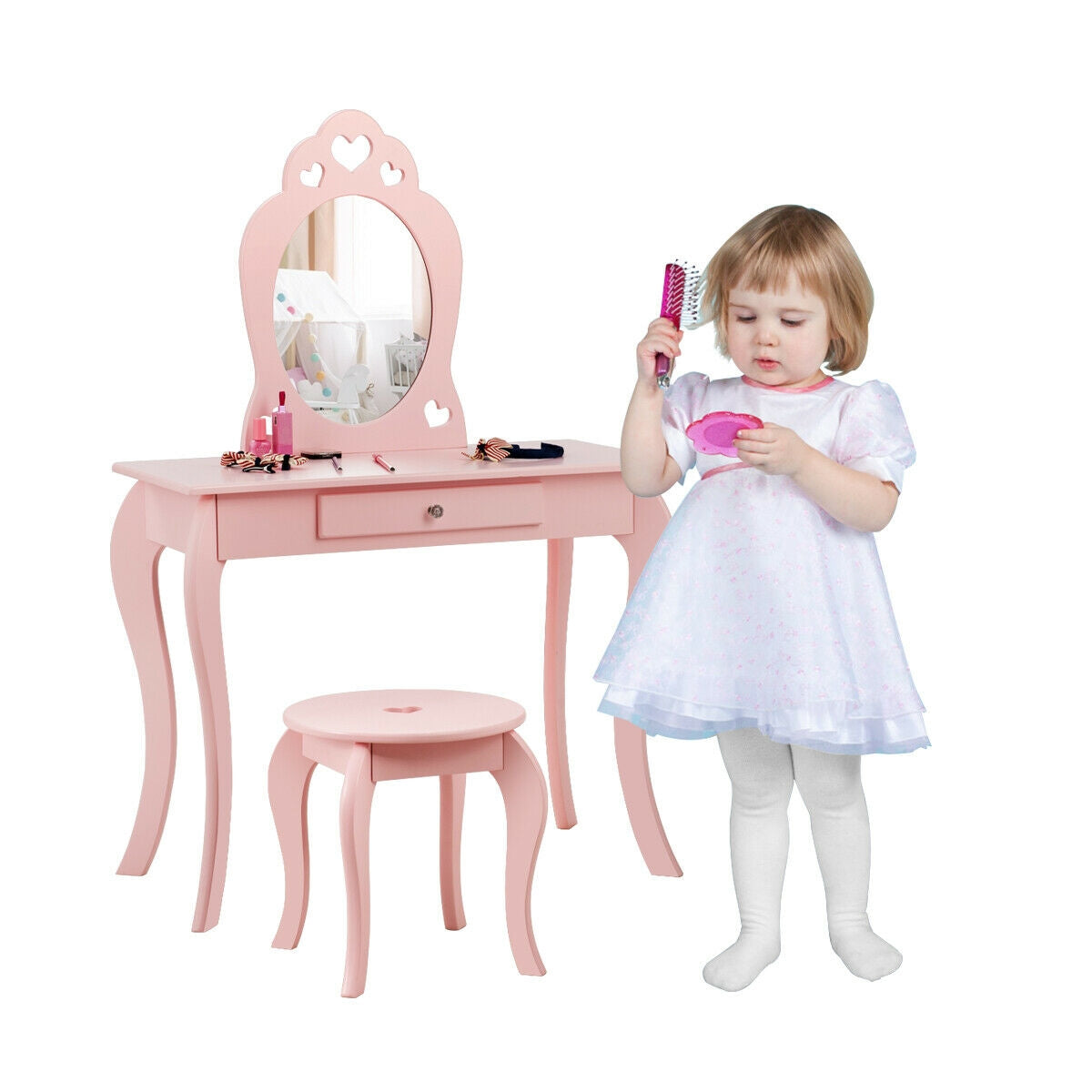 Kids Princess Makeup Dressing Play Table Set with Mirror - Pink