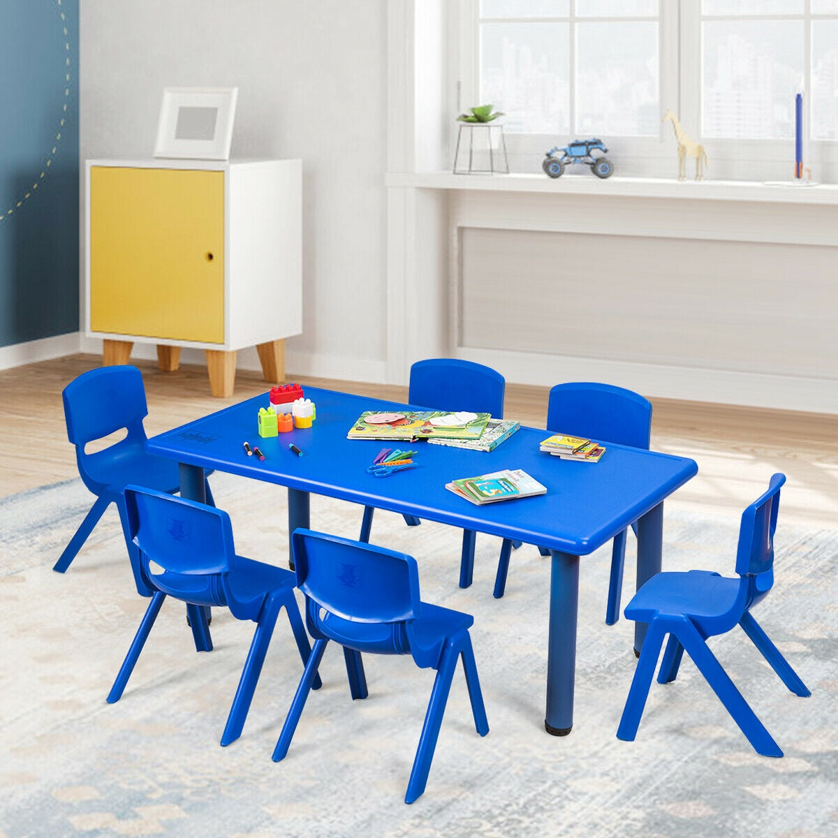 Kids Plastic Stackable Classroom Chairs - Set of 6, Blue, Kid-Sized, Indoor & Outdoor Use