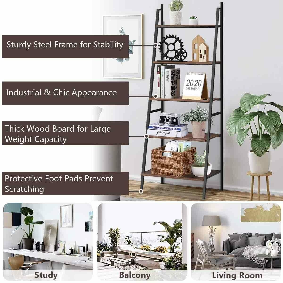 5-Tier Leaning Bookshelf Wood Metal Bookcase