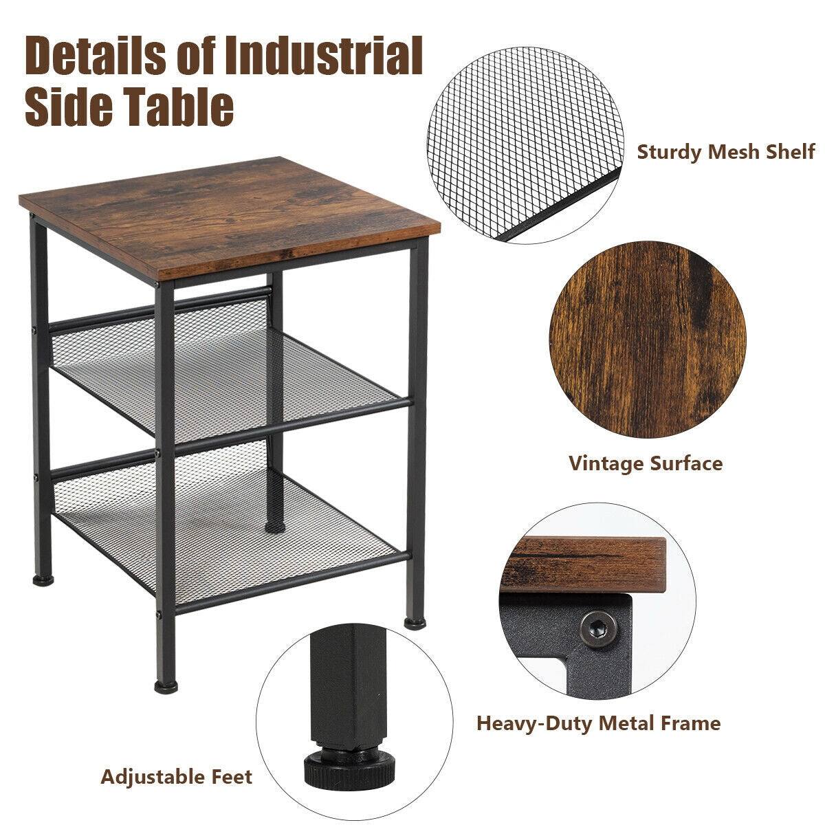 3-Tier Industrial End Table with Mesh Shelves – Adjustable