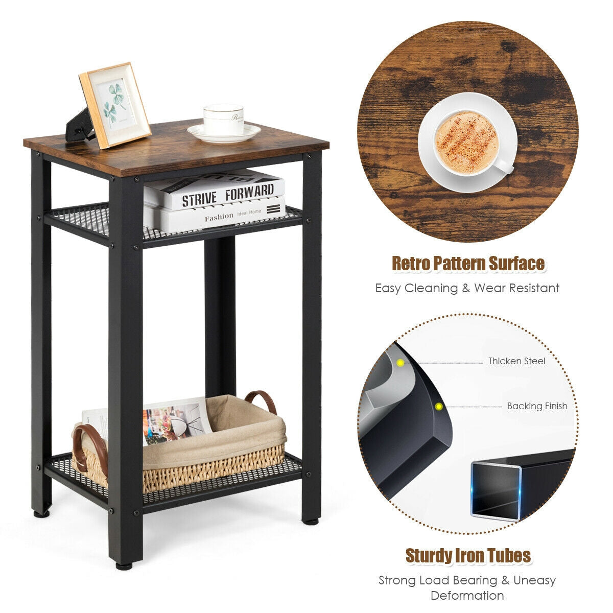 3-Tier Industrial End Table with Metal Mesh Shelves
