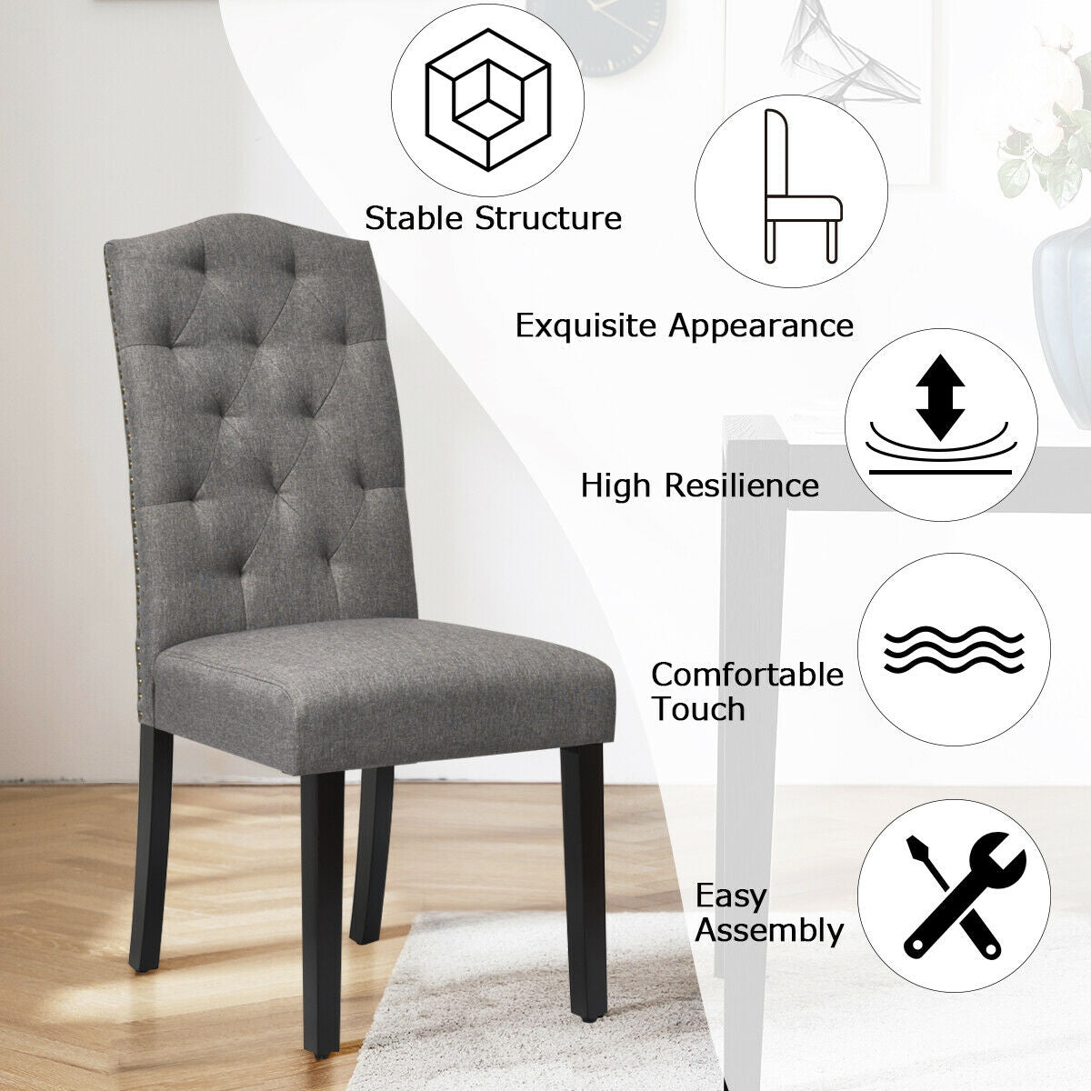 Set of 2 Modern Tufted Dining Chairs, Gray
