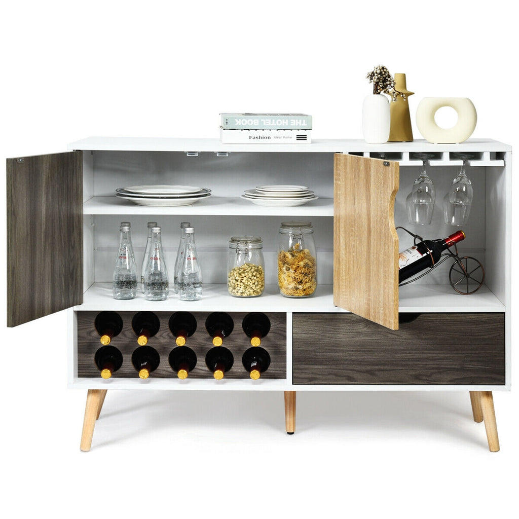 Mid-Century Sideboard with Wine Rack - Wooden Storage Cabinet