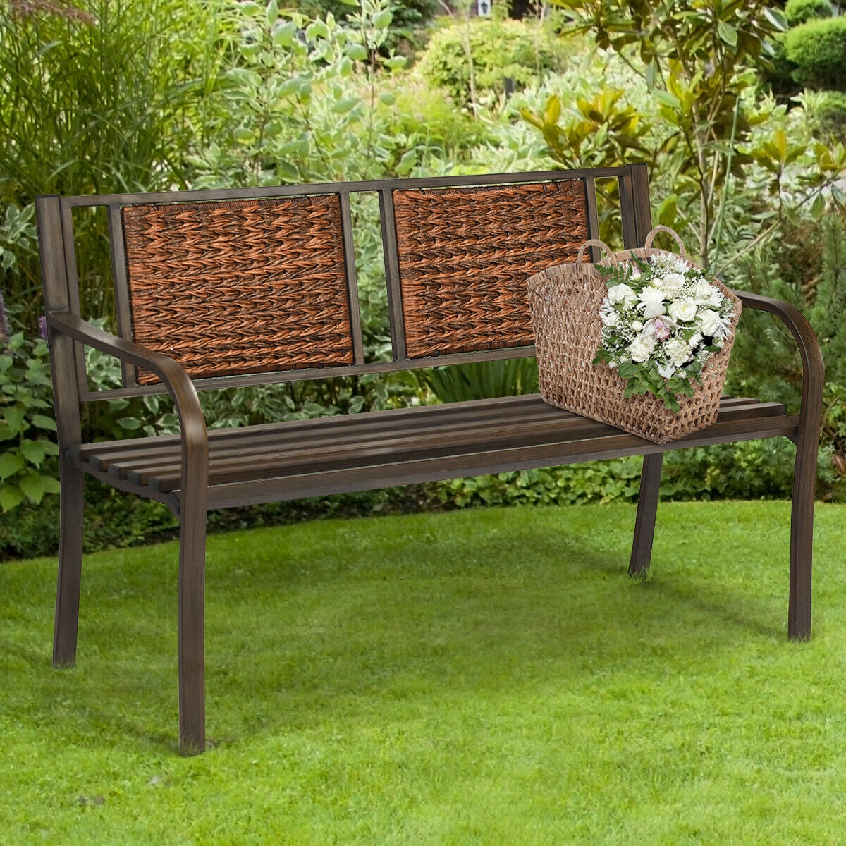 Patio Garden Bench with PE Rattan & Steel Frame - Style 2