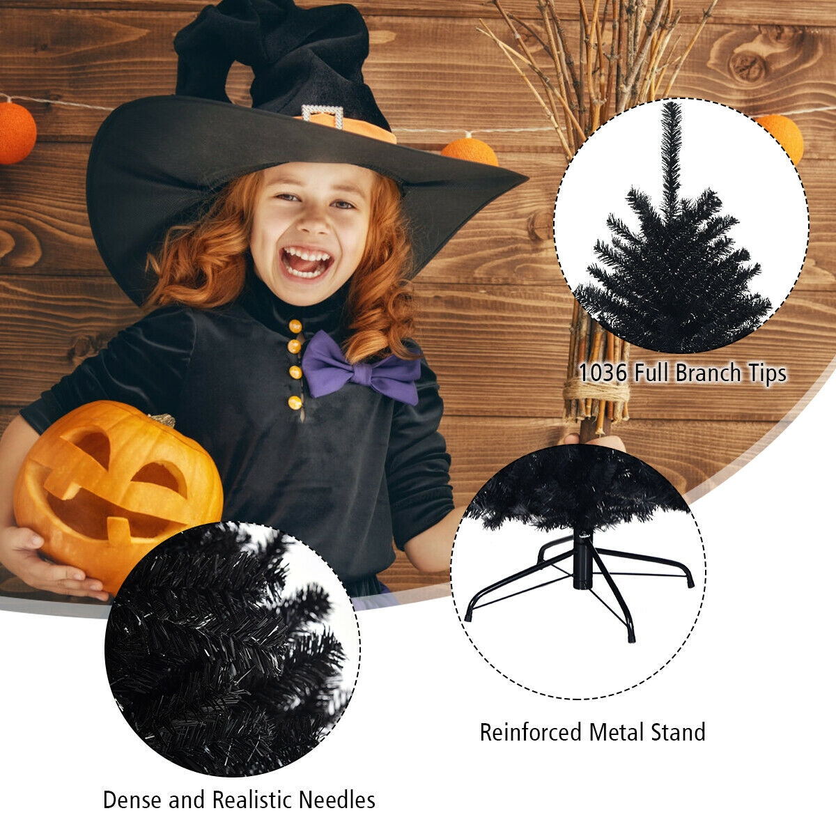 Hinged Artificial Halloween Christmas Tree - 6 Feet Black Holiday Tree