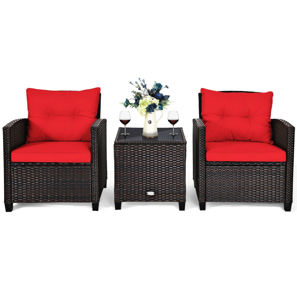3-Piece Rattan Patio Furniture Set, Brown Rattan, Red Cushions