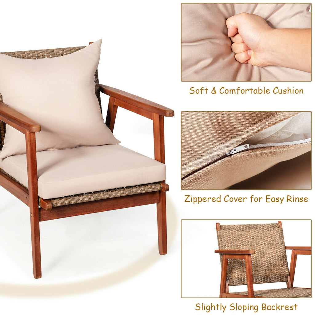 4-Piece Acacia Wood Patio Rattan Furniture Set with Cushions - Brown