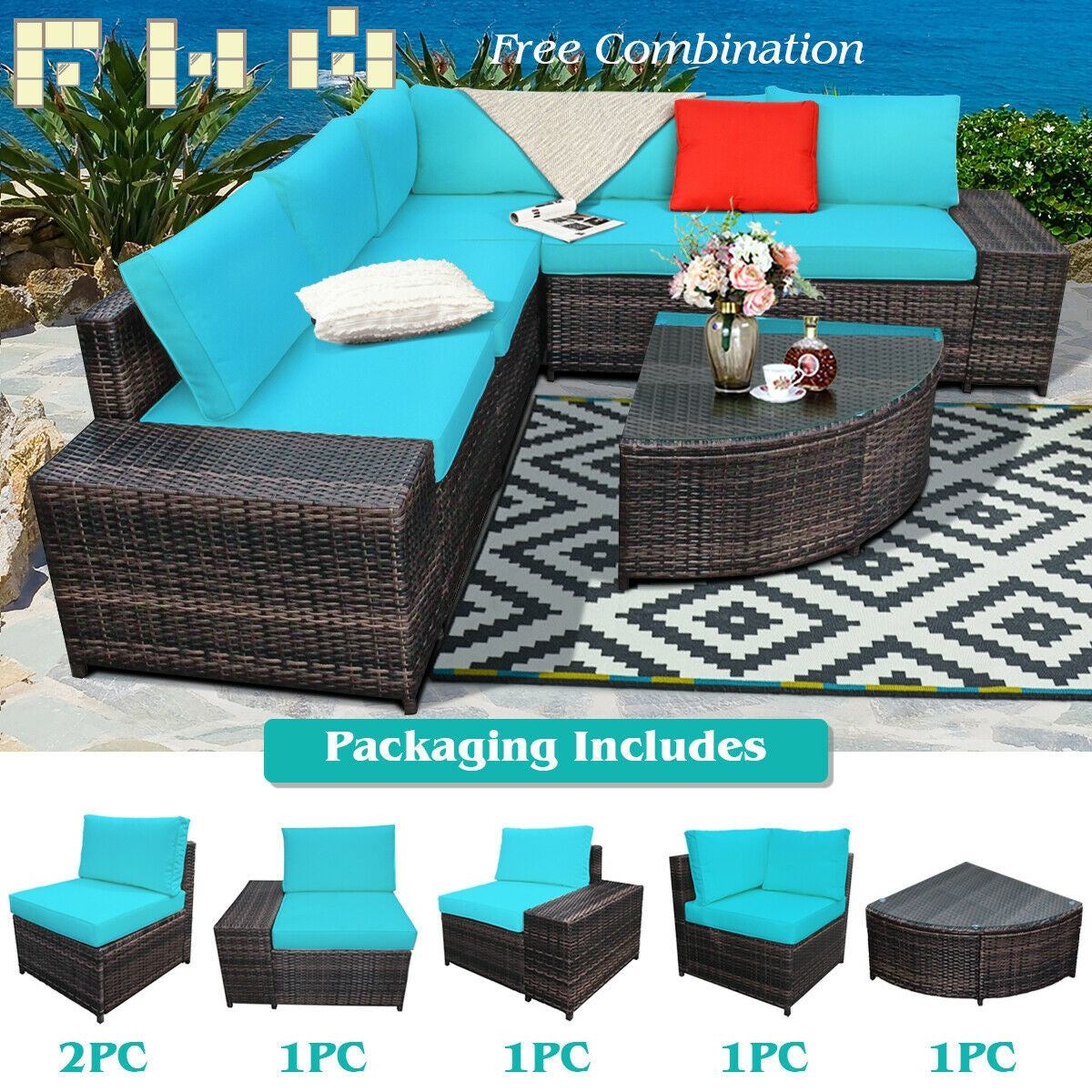6 Piece Wicker Patio Sectional Sofa Set with Tempered Glass Coffee