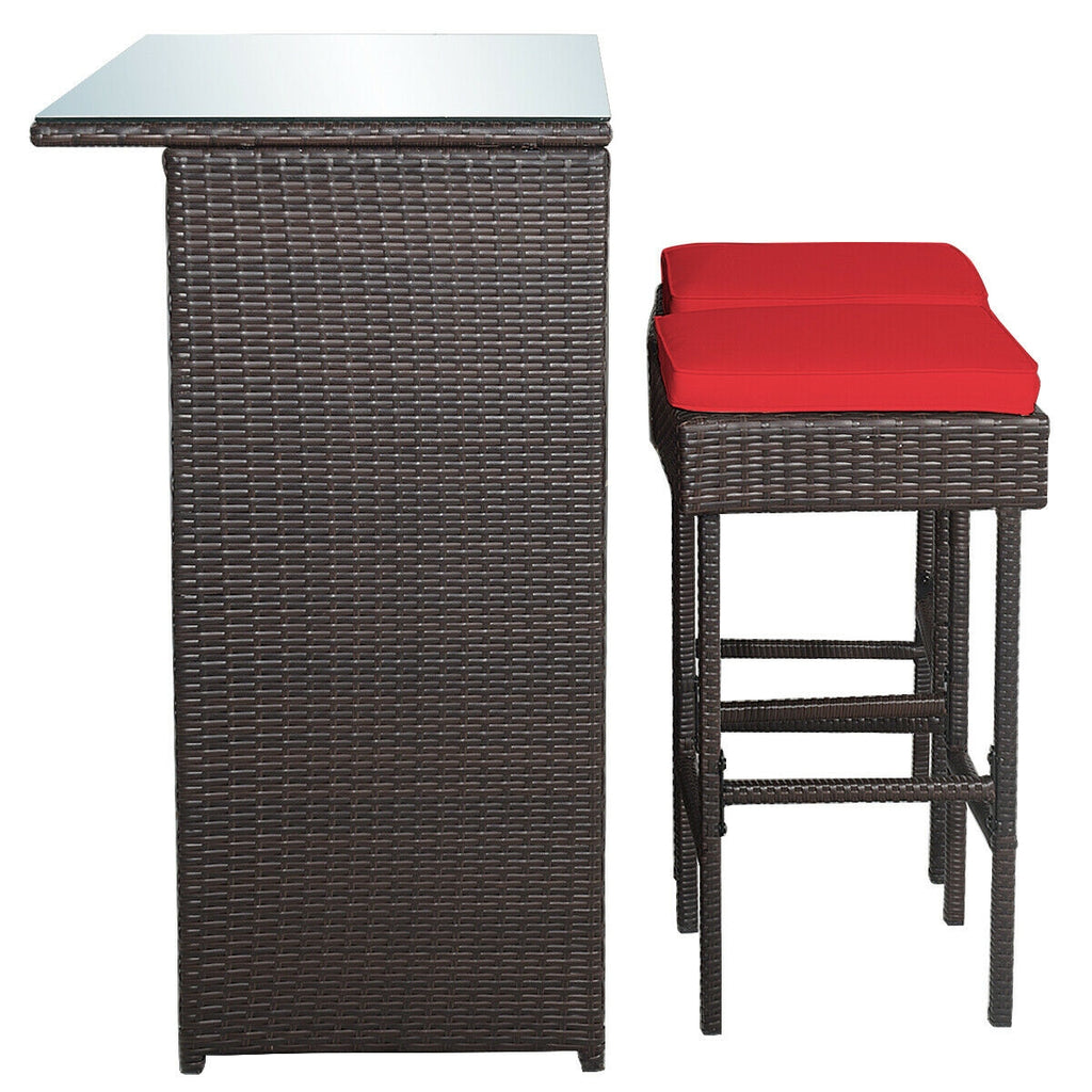 3 Pieces Outdoor Rattan Wicker Bar Set with 2 Cushions Stools