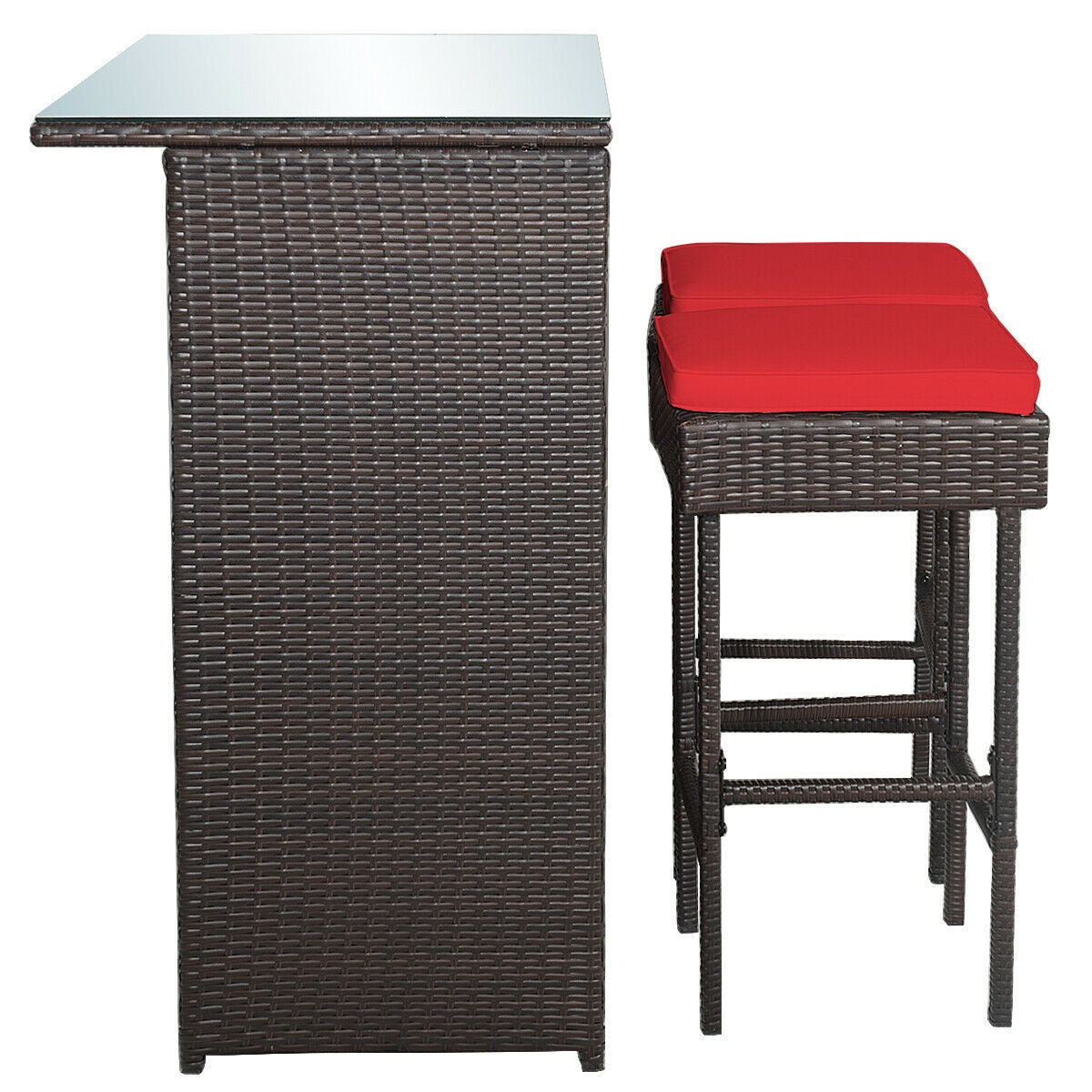 3 Pieces Outdoor Rattan Wicker Bar Set with 2 Cushions Stools