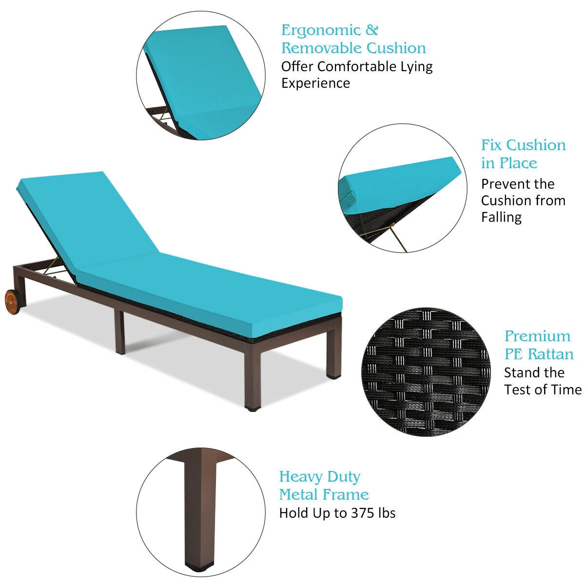 Outdoor Wicker Chaise Lounge Recliner with 5-Position Adjustment - Turquoise