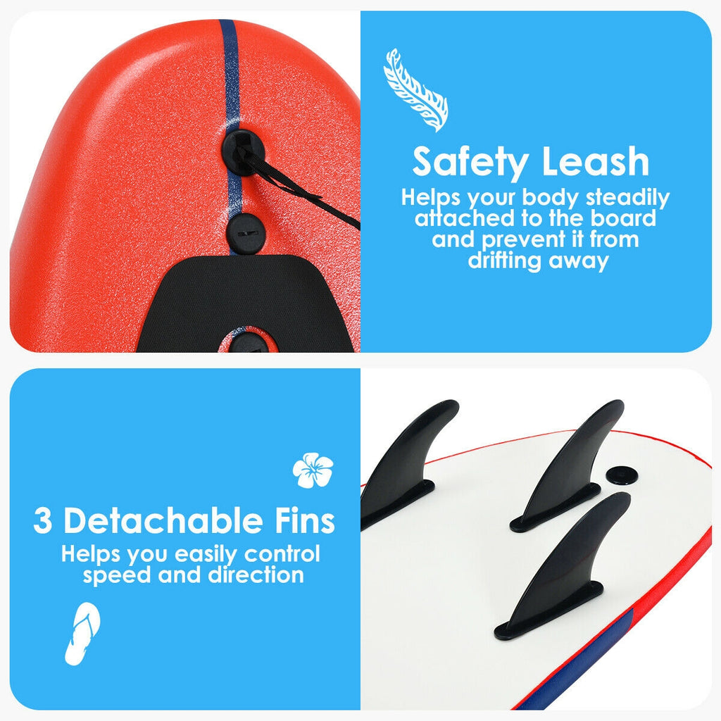 6 Feet Surfboard with Detachable Fins - Lightweight Body Board, Red - Costway