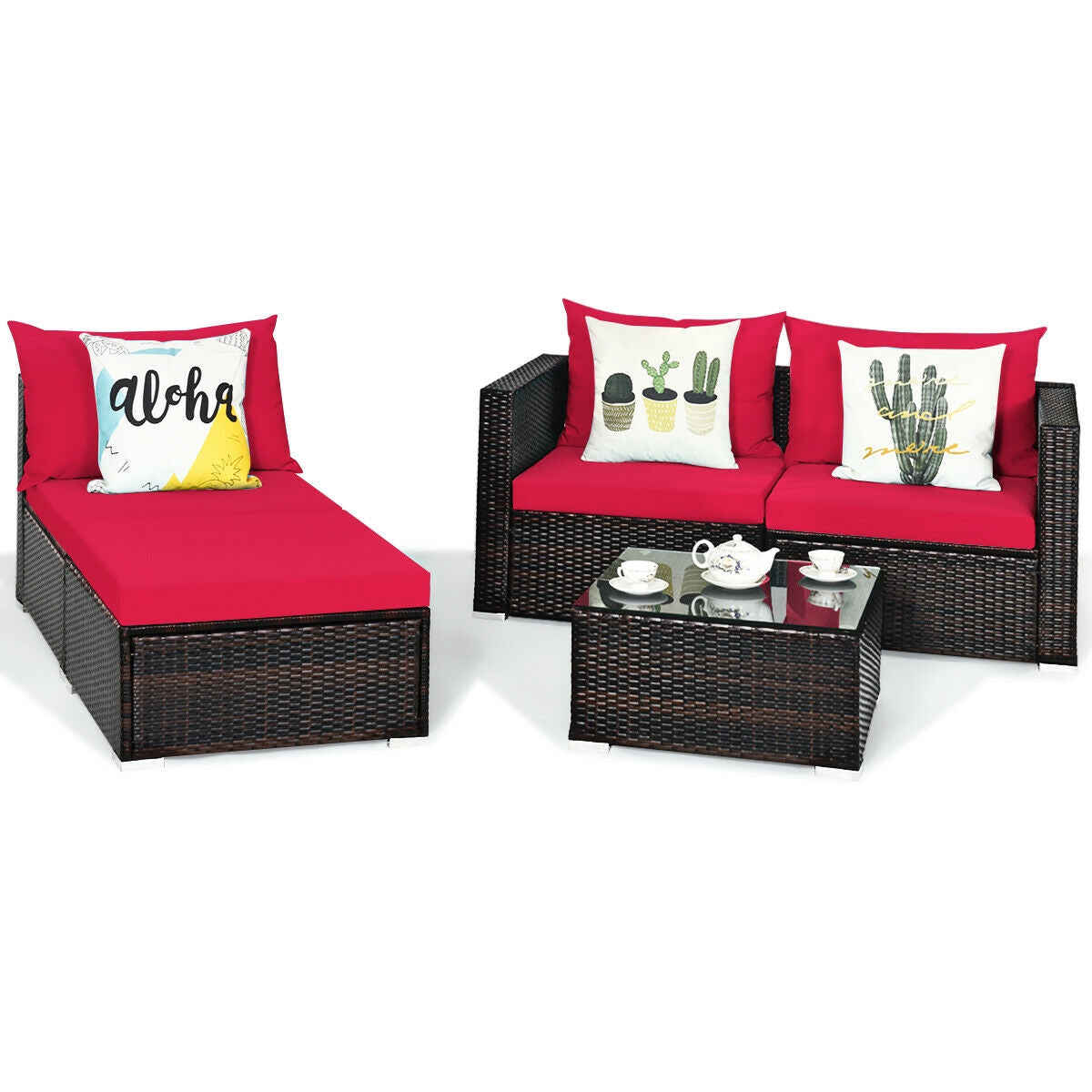 5 Pieces Patio Rattan Sectional Furniture Set with Cushions and