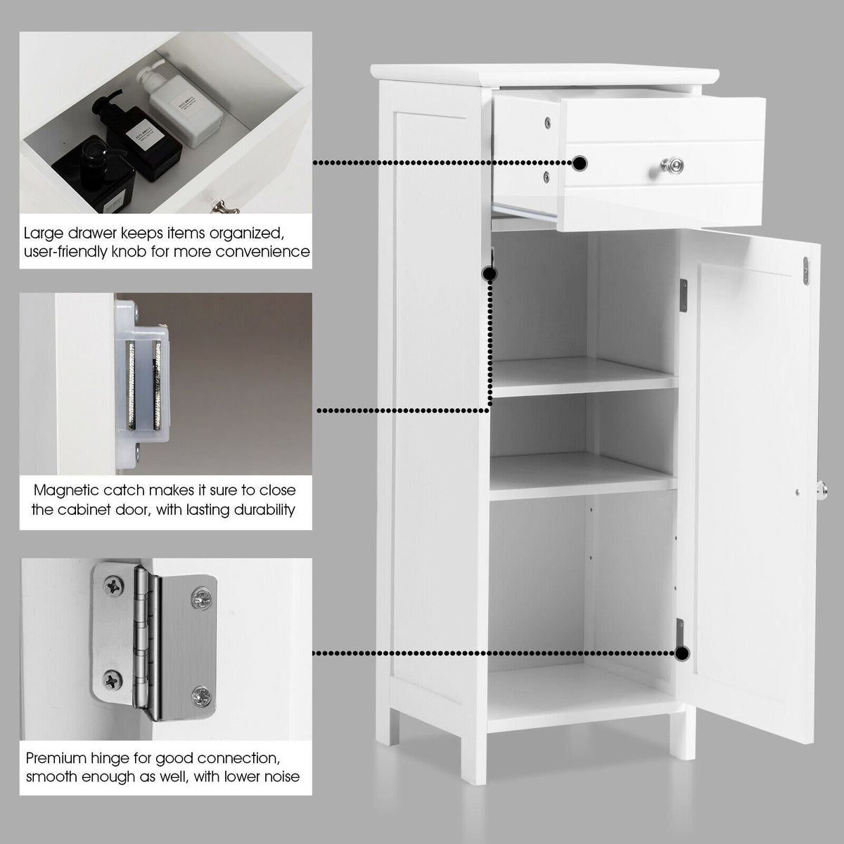 Wooden Bathroom Floor Storage Cabinet with Drawer and Adjustable Shelf