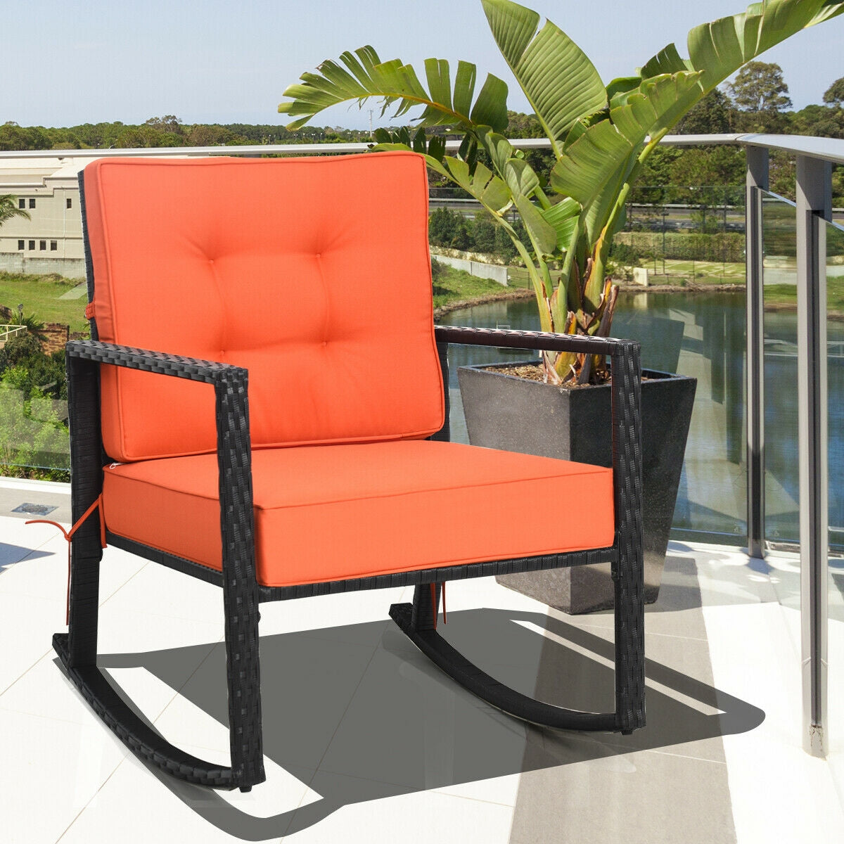 Rattan Rocking Chair with Cushion, Gray