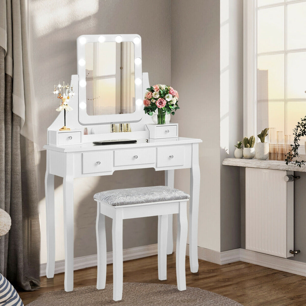 Vanity Dressing Table Set with 10 Dimmable Bulbs and Stool, White