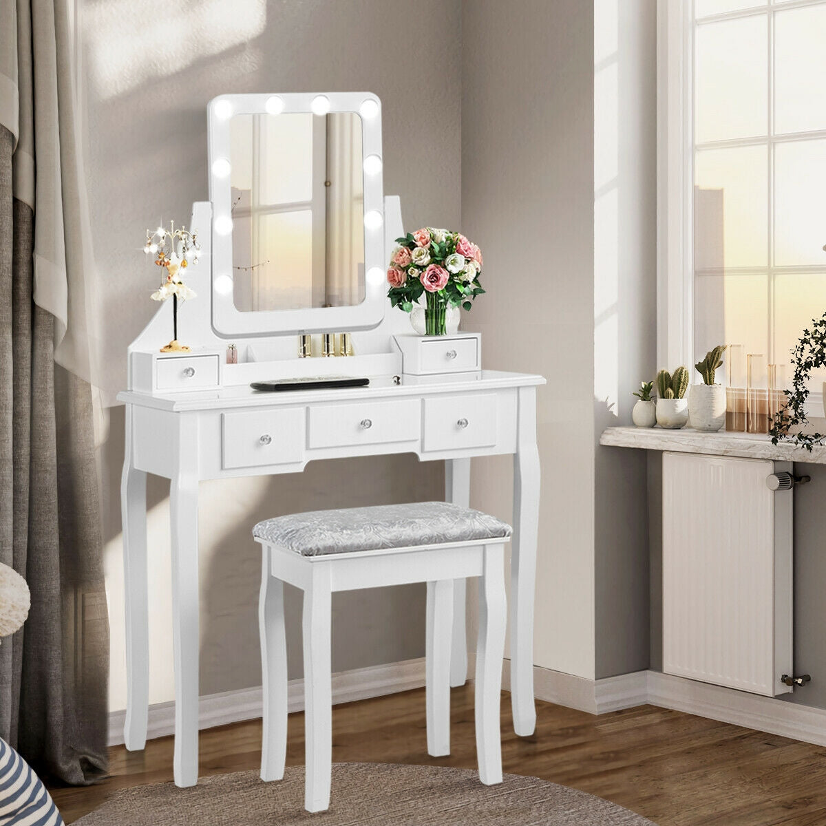 Vanity Dressing Table Set with 10 Dimmable Bulbs and Stool, White