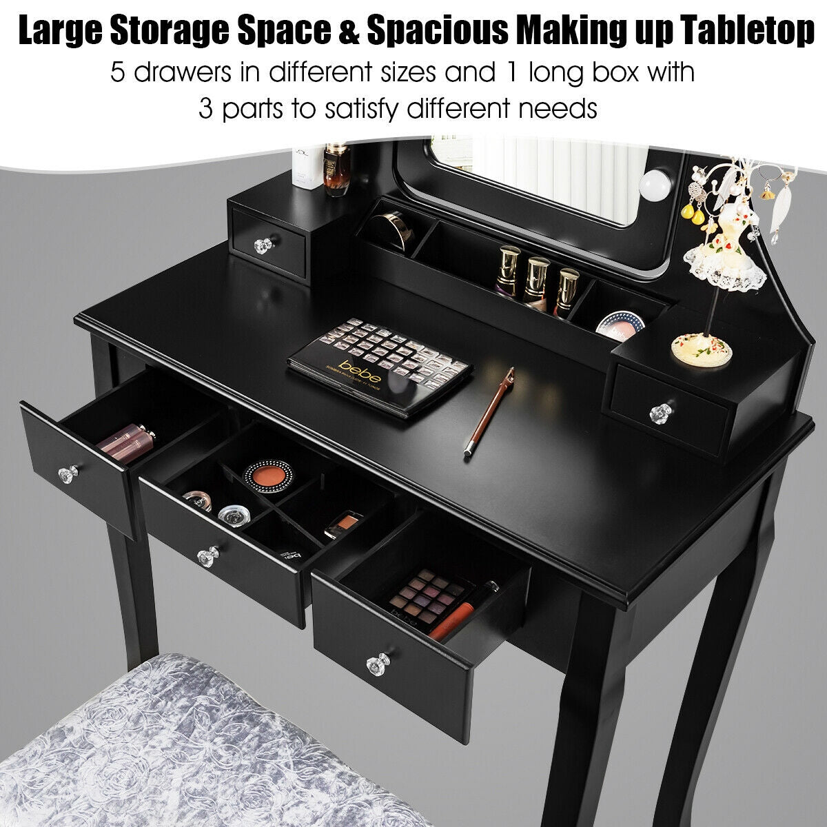Dressing Table with 10 Dimmable Bulbs and Cushioned Stool - Black