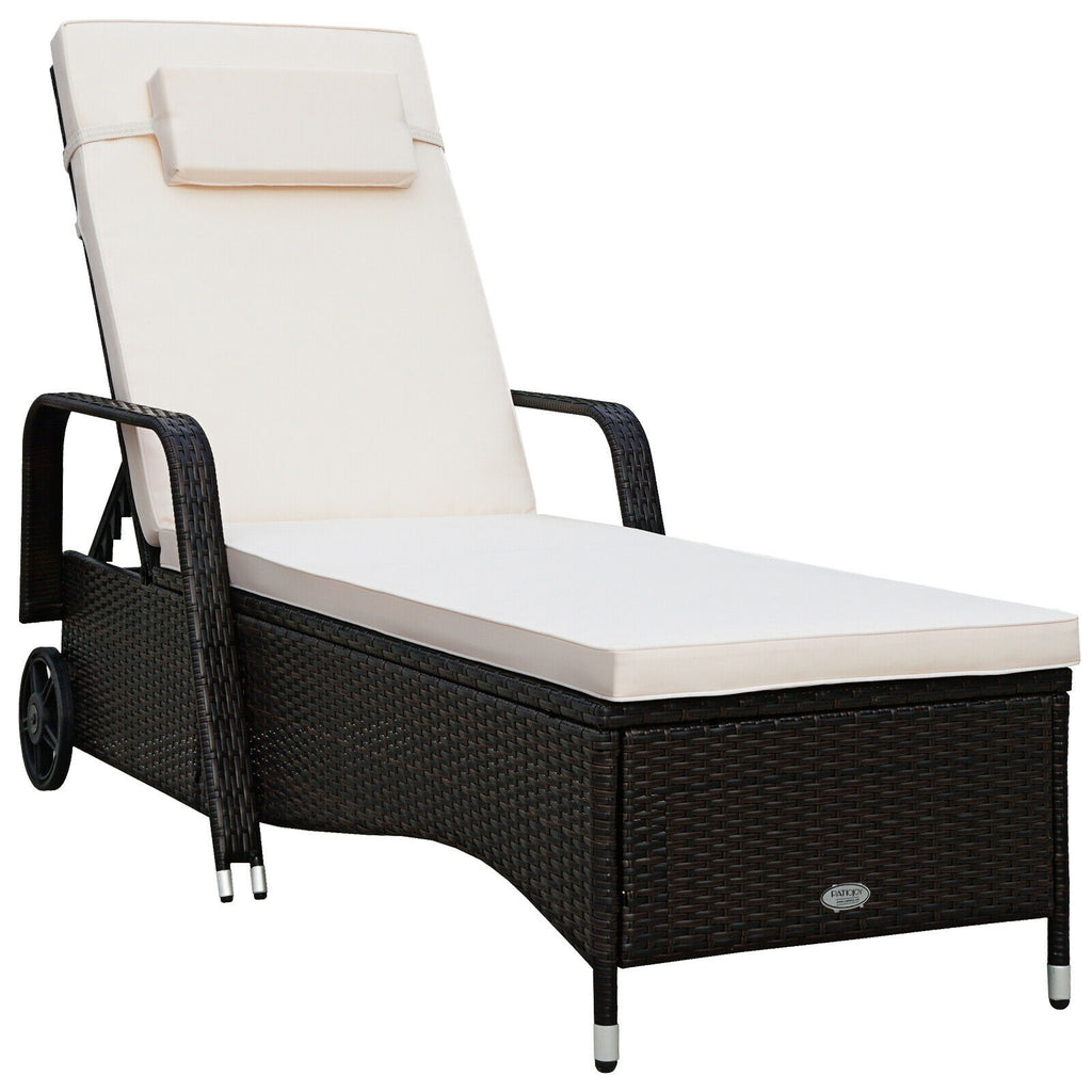 Patio Wicker Chaise Lounge Chair with Wheels - White